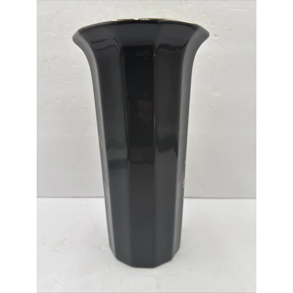 Vintage Japan Gray Floral Vase Gold Trim Kutani Style Hexagon Base 9